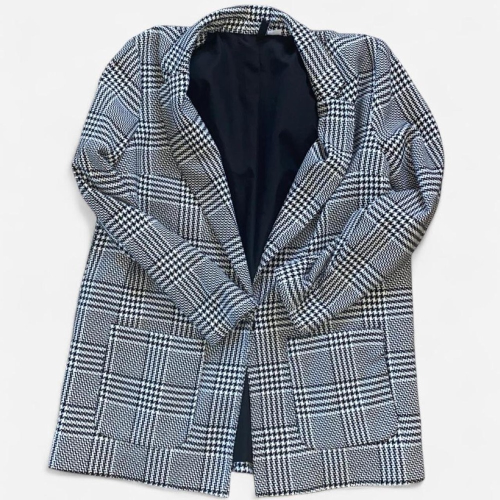 H&M Divided Houndstooth Plaid Blazer Coat Black White Womens Size 10 Academic
